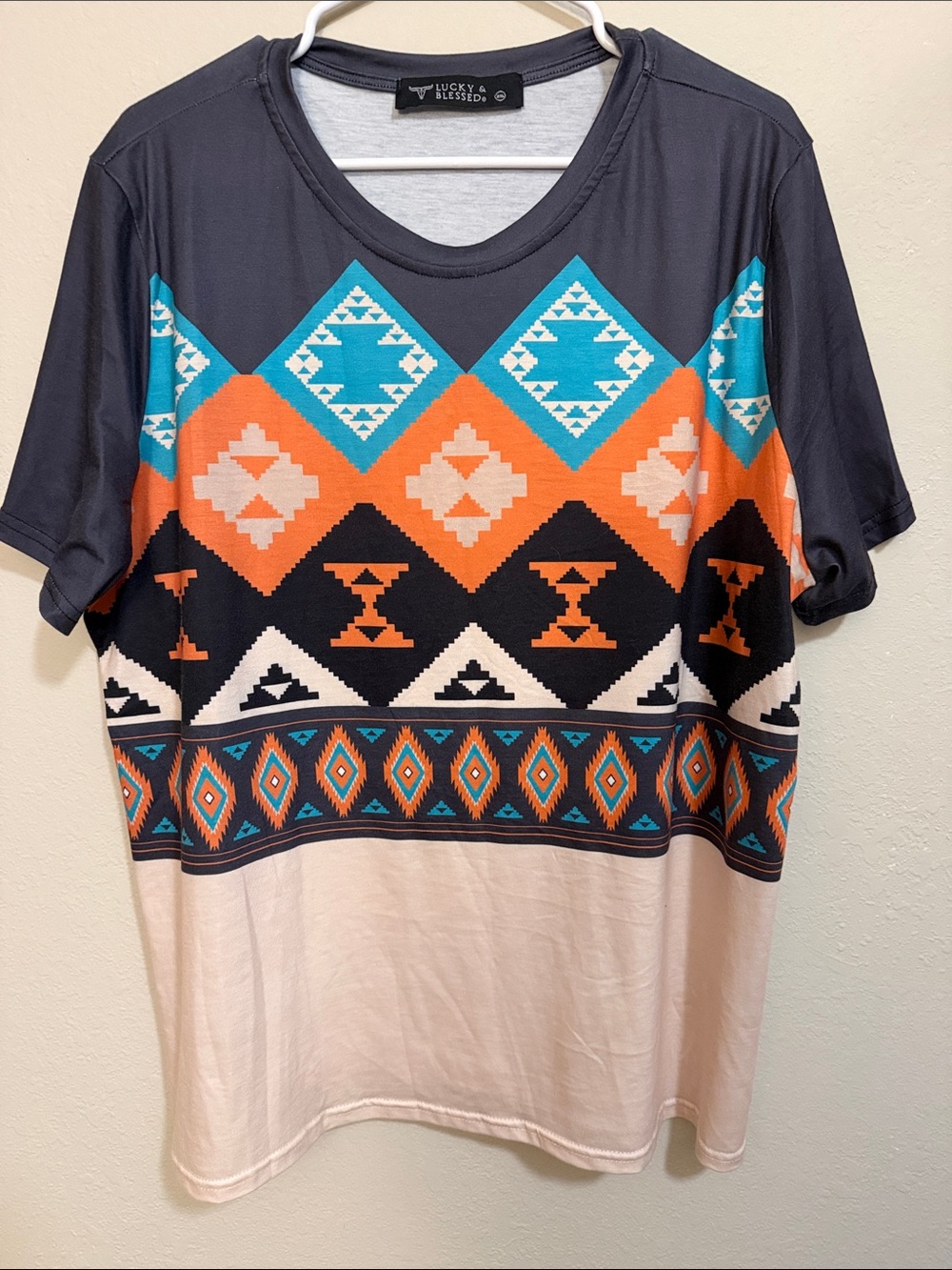 Lucky & Blessed Aztec Colorblock Tee in Teal, Orange & Cream